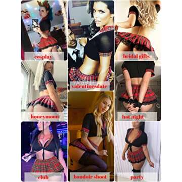 ADOME Women's Exotic Lingerie Sets Naughty Cosplay Lingerie School Girl Lingerie Set with Tie Top and Mini Skirt(BlackL)