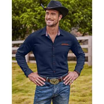 Coofandy Men's Casual Dress Shirt Button Down Long Sleeve Cotton Blend - Dark Blue, Large