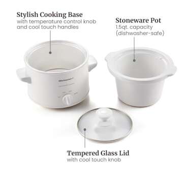 Elite Gourmet MST-250XW Electric Slow Cooker Ceramic Pot Adjustable Temp, Entrees, Sauces, Stews & Dips, Dishwasher Safe Glass Lid & Crock