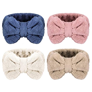 Senkary 4 Pack Bow Makeup Headband Microfiber Spa Headbands Towel Headband Soft Puffy Washing Face H...