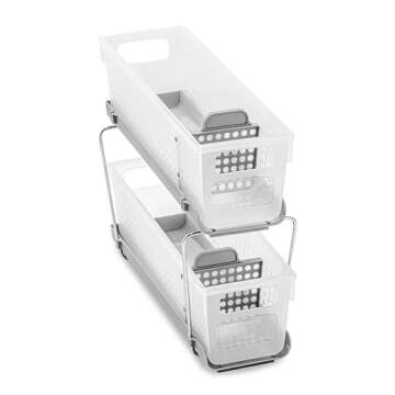 madesmart 2-Tier Organizer Slide-Out Baskets with Handles, Space Saving, Multi-Purpose Storage & BPA-Free, Large, Frost-with Dividers