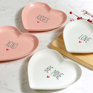 Treory Heart Plates: 4pcs Pink & White Ceramic Dessert Plates for Valentine's Day