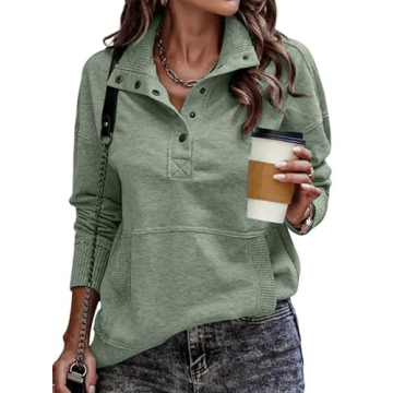 SHEWIN Green Loose Fit Women’s Sweatshirt – Lightweight V Neck with Pocket