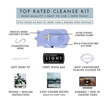 Foret Premium Enema Kit Non-Toxic Silicone Tip, Bag & Eco Detox Gift | Most Comfortable Colon Cleanse | Gerson Therapy Colonics Recommended | BPA & Phthalates Free |Clamp| Easy Instructions | Slim Tip