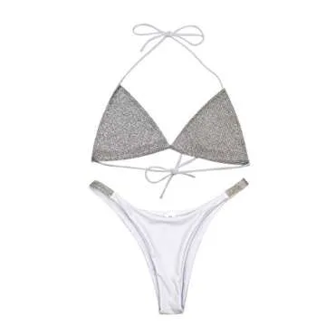 Women 2 Piece Shiny Diamond Crystal Bathing Suit Bikini Sexy Push Up Swimwear for Party Rave Clubwear White