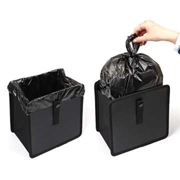 KMMOTORS Foldable Hanging Car Trash Can, Trash Bag, Trash bin, Vegan Leather and Oxford Clothes Car Organizer, Cute car Gadgets (Large, Black)