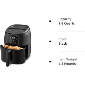 DASH Tasti-Crisp™ Electric Air Fryer Oven, 2.6 Qt., Black – Compact Air Fryer for Healthier Food in Minutes, Ideal for Small Spaces - Auto Shut Off, Digital, 1000-Watt
