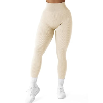 SUUKSESS Ribbed Seamless Leggings: High Waisted Tummy Control Yoga Pants (Beige, S)