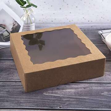 ONE MORE 9inch Brown Bakery Pie Boxes,Large Kraft Cookie Boxes with PVC Window Natural Disposable box 9x9x2.5inch,12 of Pack