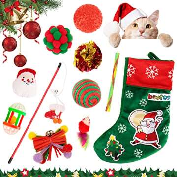 beetoy Christmas Cat Toys Stocking, 11 PCS Kitten's First Christmas Cat Stocking Gifts Set Assorted Toys with Funny Cat Pole Outdoor & Indoor Kitten Interactive Play Game