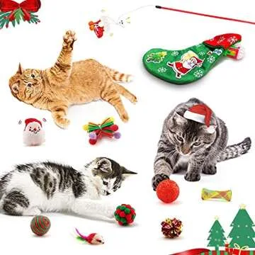 beetoy Christmas Cat Toys Stocking, 11 PCS Kitten's First Christmas Cat Stocking Gifts Set Assorted Toys with Funny Cat Pole Outdoor & Indoor Kitten Interactive Play Game