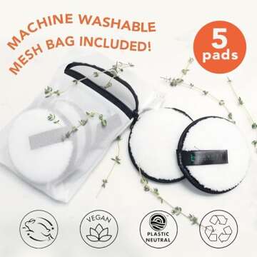 Reusable Makeup Remover Pads - 5 Large Premium Quality Microfiber Cloths for Makeup Removal, Ultra Soft & Durable, Gentle Cleansing Rounds for Face for All Skin Types, Includes Washable Bag