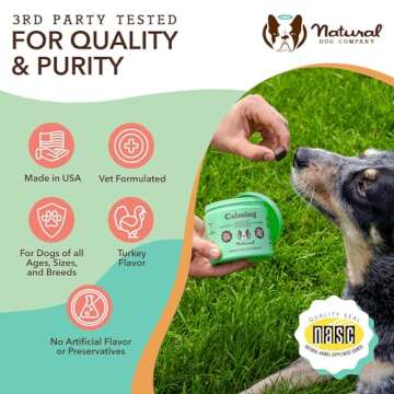 Natural Dog Company Calming Chews for Dogs 90 cnt, Peanut Butter & Bacon Flavor, Calming Dog treats with Melatonin for Dogs Promotes Relaxation & Composure for Daily Stress, Supports Balanced Behavior