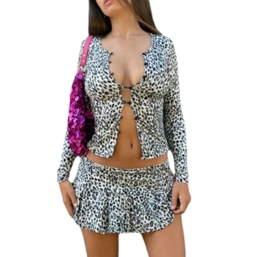 RISCUYY Cheetah Print Set for Women Sexy Stretchy Leopard Print Outfit