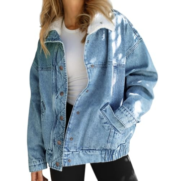 Tankaneo Womens Oversized Denim Jackets Sherpa Collar Button Down Jean Jacket Fall Warm Shacket Coat...
