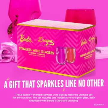Dragon Glassware x Barbie Wine Glasses - 16 oz Magenta & Pink Wine Glasses Set of 2 - Stemless with Finger Indentations - Aerates Naturally - Barbie Gifts for Women