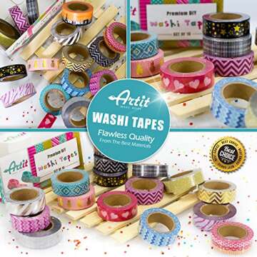 ARTIT Washi Tape Set 16 Extra Long (33 Foot) Decorative Rolls Craft Duct Masking Tapes Scrapbooking DIY Gift-Wrapping Glitter Patterned Solid Ultra Sticky Adhesive Includes 4 Bonus Sticker Pages