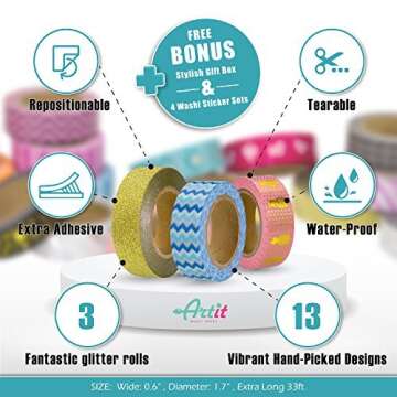 ARTIT Washi Tape Set 16 Extra Long (33 Foot) Decorative Rolls Craft Duct Masking Tapes Scrapbooking DIY Gift-Wrapping Glitter Patterned Solid Ultra Sticky Adhesive Includes 4 Bonus Sticker Pages