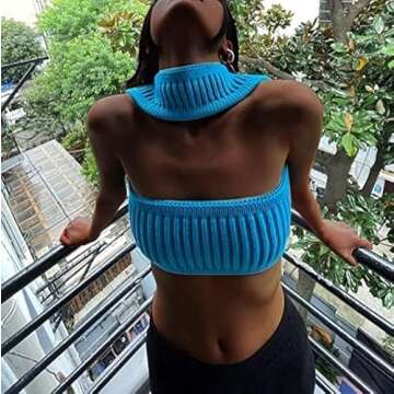 Strapless Crop Top for Women Front Hollow Knitted Tube Top Sleeveless Turtleneck Backless Vest Tops Aesthetic Clothes Fashion High Street Style Blue