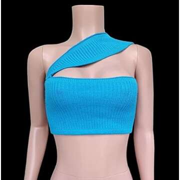Strapless Crop Top for Women Front Hollow Knitted Tube Top Sleeveless Turtleneck Backless Vest Tops Aesthetic Clothes Fashion High Street Style Blue
