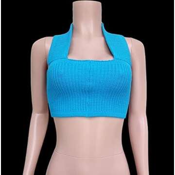 Strapless Crop Top for Women Front Hollow Knitted Tube Top Sleeveless Turtleneck Backless Vest Tops Aesthetic Clothes Fashion High Street Style Blue