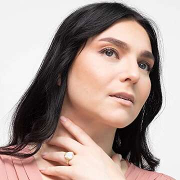 White Opal Adjustable Ring for Women in 14K Gold Plated Over 925 Sterling Silver – October Birthst...