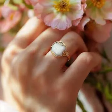 White Opal Adjustable Ring for Women in 14K Gold Plated Over 925 Sterling Silver – October Birthstone 0.55 inch Round Cut Gem14mm Housed in a Vintage Silver Mount - Handmade Jewelry - Boho Ring