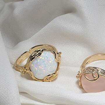 White Opal Adjustable Ring for Women in 14K Gold Plated Over 925 Sterling Silver – October Birthstone 0.55 inch Round Cut Gem14mm Housed in a Vintage Silver Mount - Handmade Jewelry - Boho Ring
