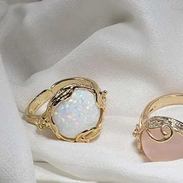 White Opal Adjustable Ring for Women in 14K Gold Plated Over 925 Sterling Silver – October Birthstone 0.55 inch Round Cut Gem14mm Housed in a Vintage Silver Mount - Handmade Jewelry - Boho Ring