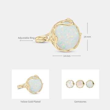 White Opal Adjustable Ring for Women in 14K Gold Plated Over 925 Sterling Silver – October Birthstone 0.55 inch Round Cut Gem14mm Housed in a Vintage Silver Mount - Handmade Jewelry - Boho Ring