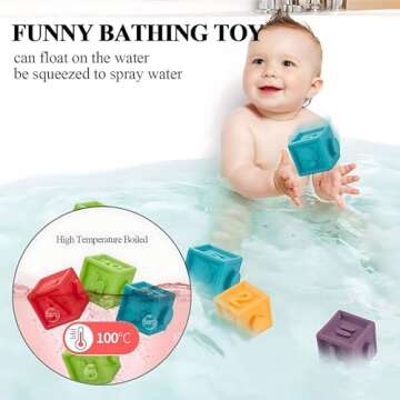 Kingtree Baby Blocks (Set of 12), Soft Silicone Building Blocks Squeeze Stacking Toys for 6 Months and Up Infants, Colorful Early Educational Puzzle Toy with Numbers Animals Shapes Textures