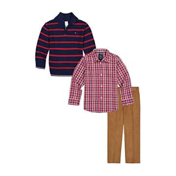 Tommy Hilfiger Boys' 3-Piece Pullover Sweater Set, Matching Button-Down Shirt, Sweater & Pants, Flag Blue Stripes, 4T