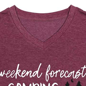 Weekend Forecast Camping Shirts Women Happy Camping Tshirt Funny Letter Graphic Print Tee Shirts V Neck Casual Top Blouse (As Shown,M)