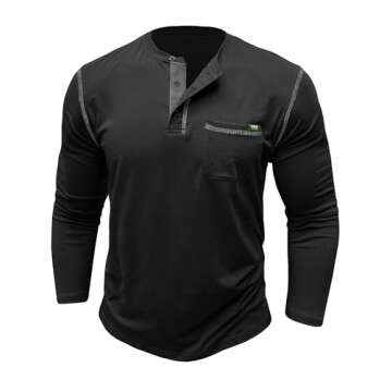 Gleam Ledra Men's Long Sleeve Henley Shirts Button V-Neck T-Shirt Classic Causal Cotton Blend Tops with Pocket B-Black Large