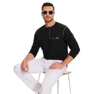 Gleam Ledra Men's Long Sleeve Henley Shirts Button V-Neck T-Shirt Classic Causal Cotton Blend Tops with Pocket B-Black Large