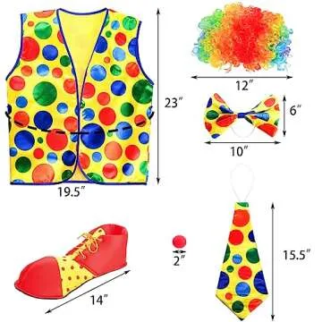Jucoan 7 PCS Clown Costume Set, Clown Rainbow Wig Tie Bow Vest, Red Nose, Big Shoes, White Gloves, Clown Dress Up Accessories for Kids Carnival Cosplay Birthday Party, Size S Vest