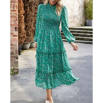 NOLLSOM Women 2025 Fall Dress Floral Boho Dress Casual Long Sleeve Crew Neck Ruffle A-Line Flowy Wedding Guest Maxi Dresses(Green Pink Flower,Medium)