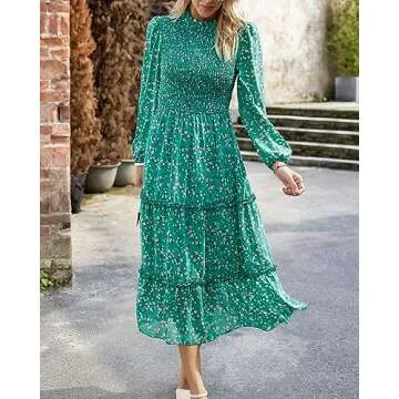 NOLLSOM Women 2025 Fall Dress Floral Boho Dress Casual Long Sleeve Crew Neck Ruffle A-Line Flowy Wedding Guest Maxi Dresses(Green Pink Flower,Medium)