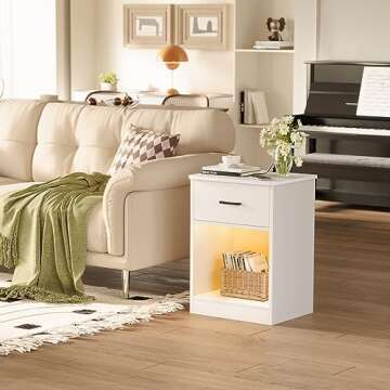 Huuger Nightstands Set of 2, Night Stands with Charging Station & LED Light Strips, Bedside Tables w...