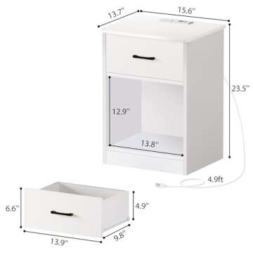 Huuger Nightstands Set of 2, Night Stands with Charging Station & LED Light Strips, Bedside Tables with Drawer, Side Tables Bedroom, End Tables with Open Storage, White
