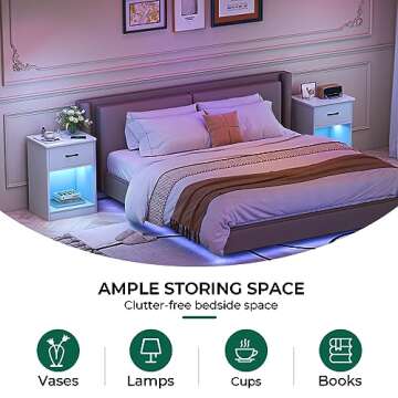 Huuger Nightstands Set of 2, Night Stands with Charging Station & LED Light Strips, Bedside Tables with Drawer, Side Tables Bedroom, End Tables with Open Storage, White