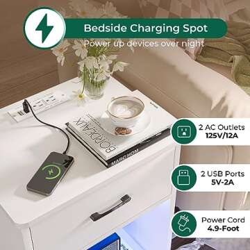 Huuger Nightstands Set of 2, Night Stands with Charging Station & LED Light Strips, Bedside Tables with Drawer, Side Tables Bedroom, End Tables with Open Storage, White