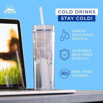4 Skinny Tumblers |16oz Clear Tumblers with Lids and Straws, Plastic Tumbler Cups | Snow Globe Tumbler Double Walled Acrylic Cups with Lids and Straws