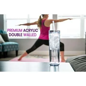 4 Skinny Tumblers |16oz Clear Tumblers with Lids and Straws, Plastic Tumbler Cups | Snow Globe Tumbler Double Walled Acrylic Cups with Lids and Straws