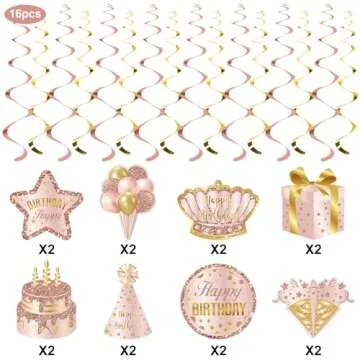 Lnofen Pink Rose Gold Birthday Hanging Swirls Decorations