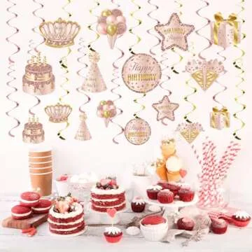 Lnofen Pink Rose Gold Birthday Hanging Swirls Decorations
