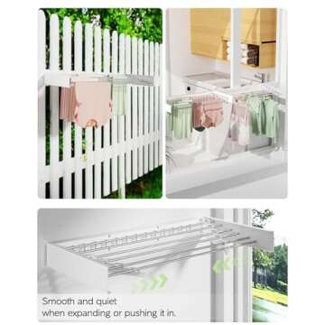 Vikaqi Wall Mounted Clothes Drying Rack 40 inches, Foldable Wall Mount Laundry Rack Folding Indoor, Drying Rack Clothing Collapsible, Hidden Space Saver with Wall Template, 6 Rods, White