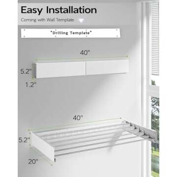 Vikaqi Wall Mounted Clothes Drying Rack 40 inches, Foldable Wall Mount Laundry Rack Folding Indoor, Drying Rack Clothing Collapsible, Hidden Space Saver with Wall Template, 6 Rods, White