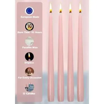 Hyoola Tall Taper Candles - 12 Inch Light Pink Unscented Dripless Taper Candles - 10 Hour Burn Time - 12 Pack