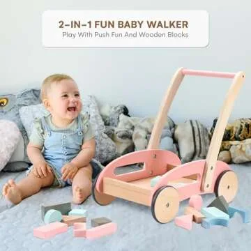 Wooden Baby Walker with Building Blocks - Safe & Fun
